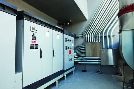 Plant room with air handling equipment and overhead spiral duct