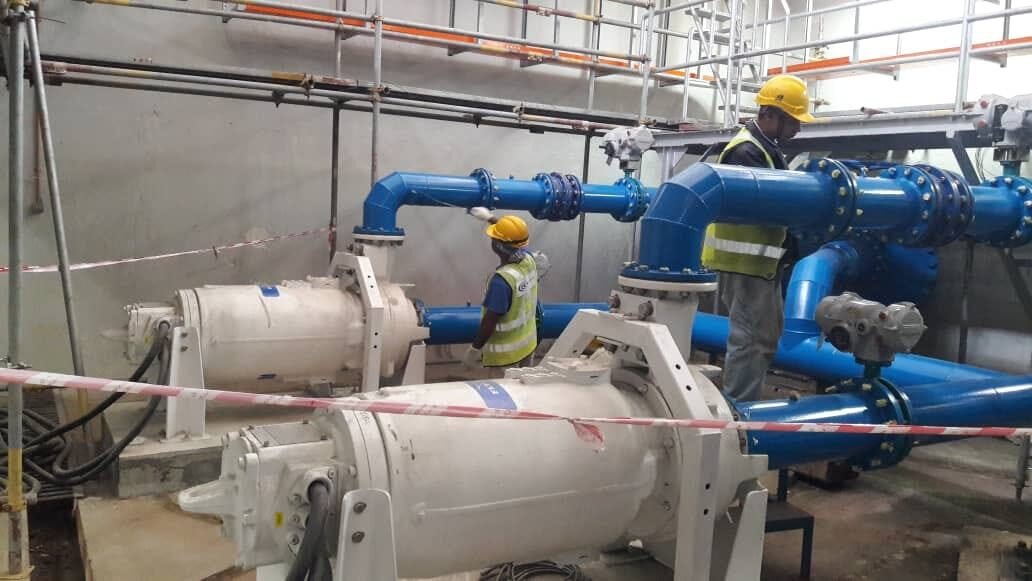 Pump house pipework, valves and pump sets installed and connected