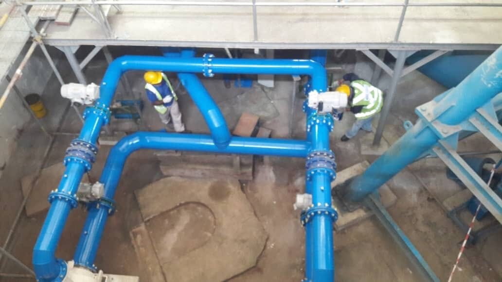 Actuated valve manifold viewed from the access platform showing the tie-in to the existing header